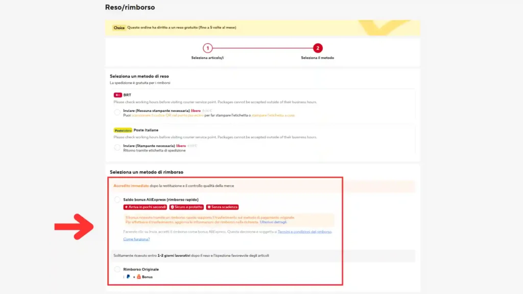 Come fare un reso AliExpress e come richiedere il rimborso 9 scegliere rimborso aliexpress
