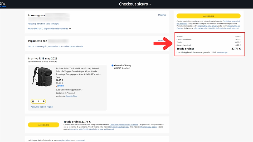 Come inserire coupon e codici sconto su Amazon 10 casella coupon amazon applicata al checkout