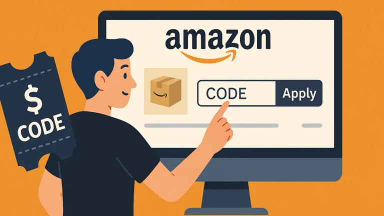Illustrazione in stile Amazon con utente che inserisce un codice sconto nel campo promozionale durante il checkout