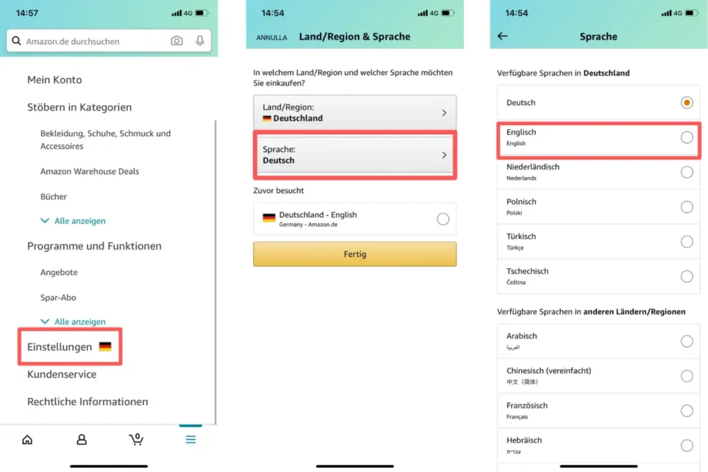 Amazon europei: come acquistare da Amazon Francia, Germania e Spagna 3 Schermate dell'app Amazon che mostrano il percorso per cambiare la lingua da tedesco a inglese