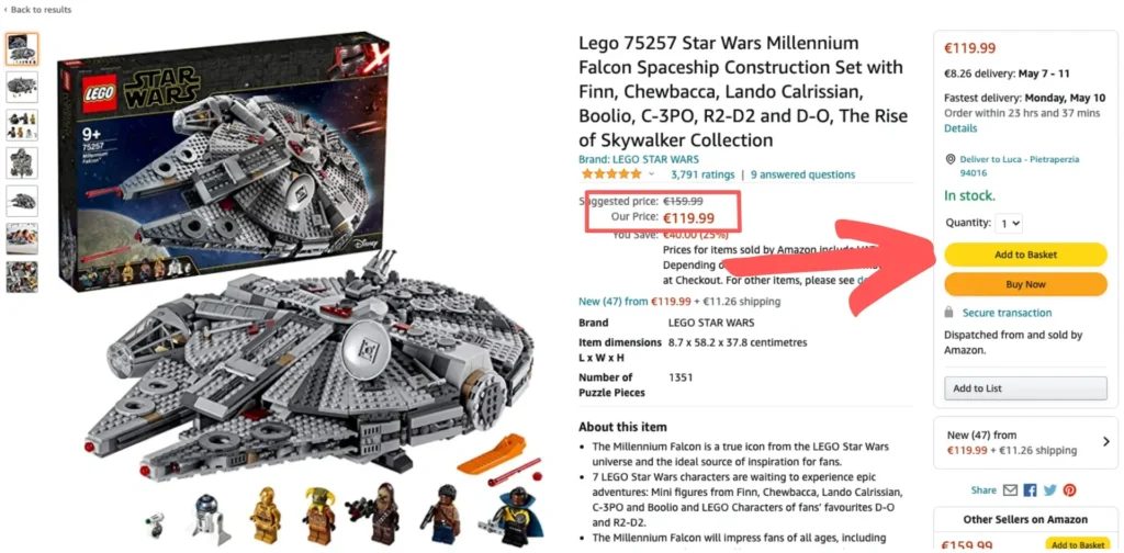 Amazon europei: come acquistare da Amazon Francia, Germania e Spagna 5 Pagina prodotto su Amazon estero con prezzo scontato e pulsante “Add to Basket” evidenziato