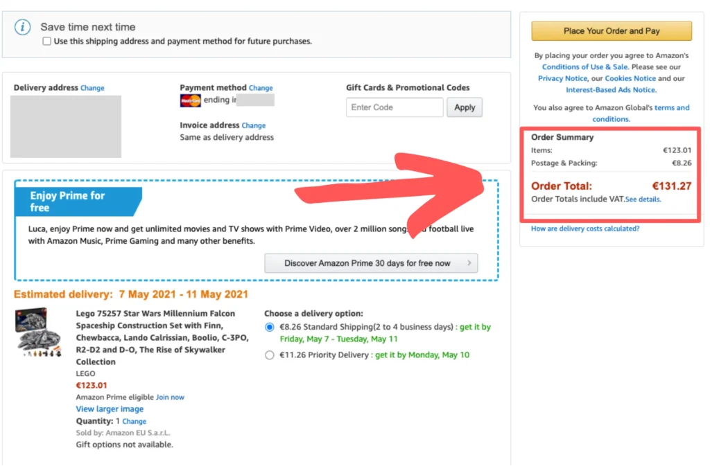 Amazon europei: come acquistare da Amazon Francia, Germania e Spagna 6 Schermata del checkout Amazon con il totale dell’ordine, spese di spedizione e IVA