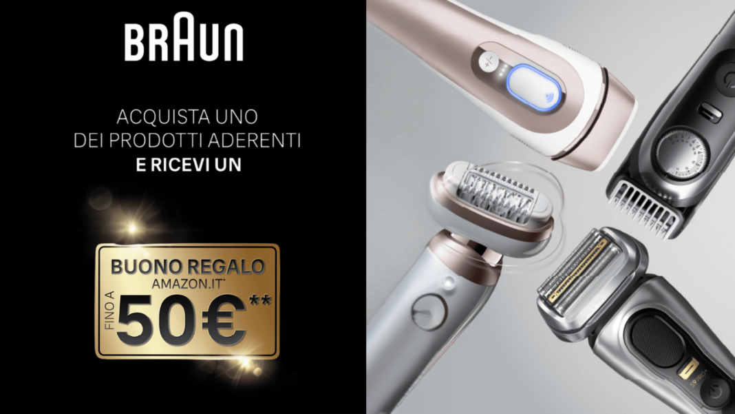 Immagine promozionale per ottenere buoni regalo Amazon fino a 50 euro con l'acquisto di prodotti Braun.