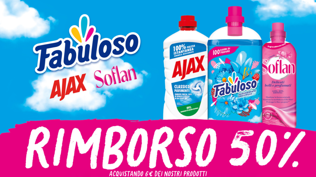 Immagine che illustra il processo di ottenimento del cashback sui prodotti Fabuloso, Ajax e Soflan per acquisti rimborsati.