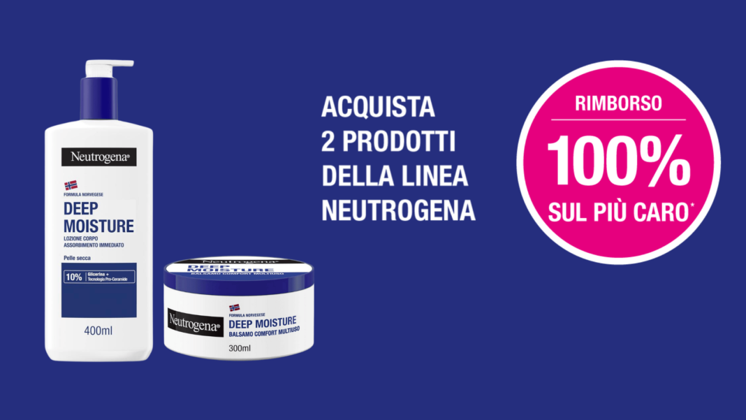 Immagine promozionale che illustra il cashback Neutrogena 2024 con possibilità di rimborso doppio dei prodotti.