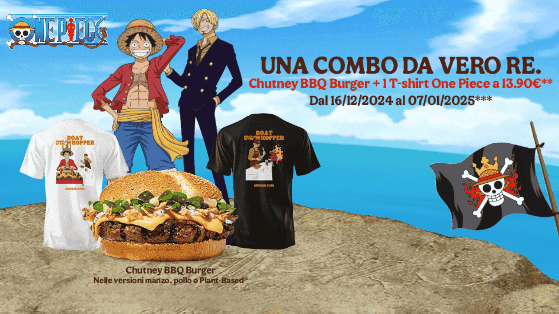 Burger King e One Piece: Chutney BBQ Burger + T-Shirt One Piece a 13,90€! 1 Burger King Una Combo da Vero Re Chutney BBQ Burger + T-Shirt One Piece a 13,90€!