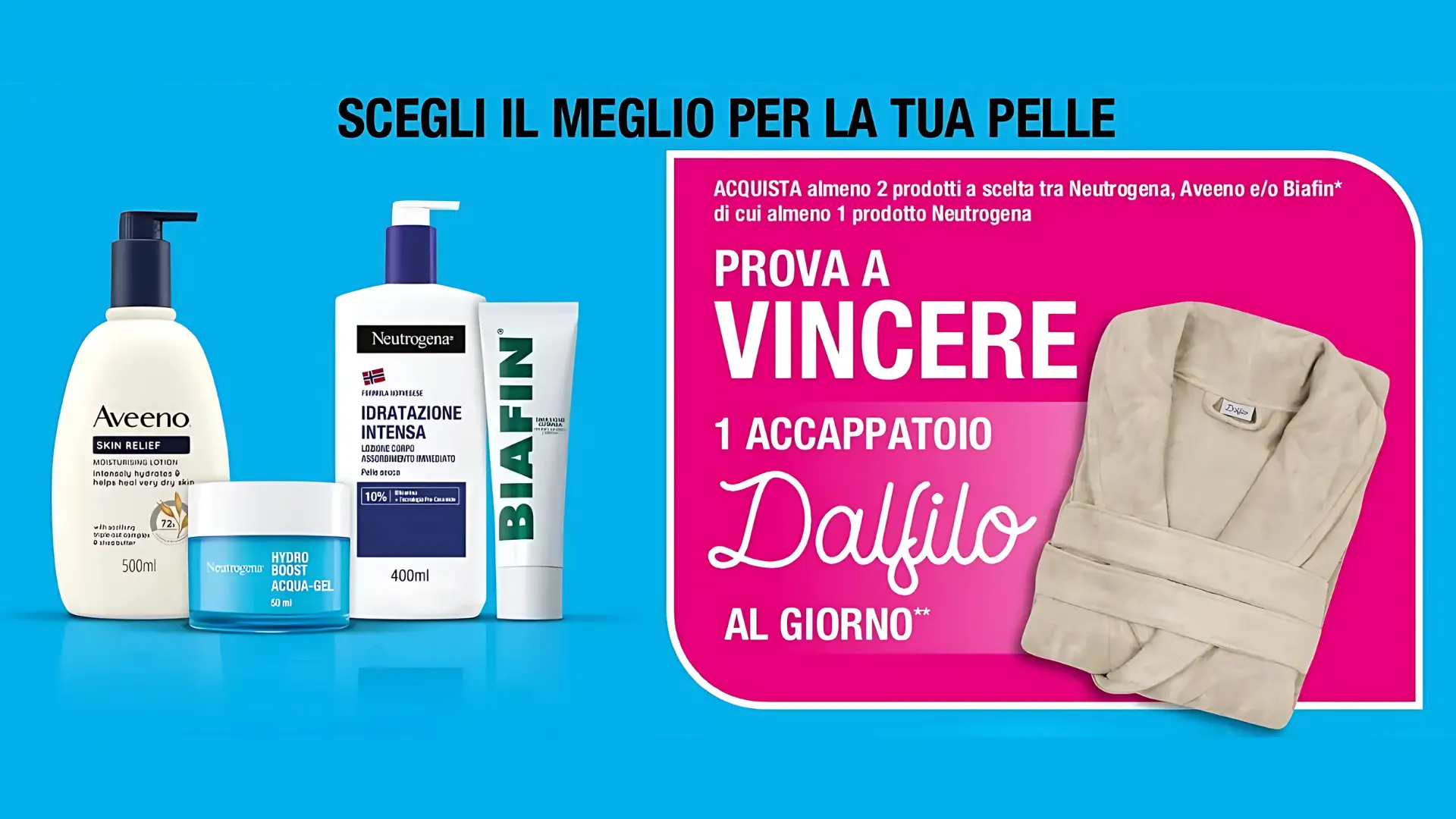 Concorso Neutrogena "Vinci il comfort": in palio un accappatoio Dalfilo 1 Immagine promozionale del concorso Neutrogena "Vinci il comfort" con in palio un accappatoio Dalfilo