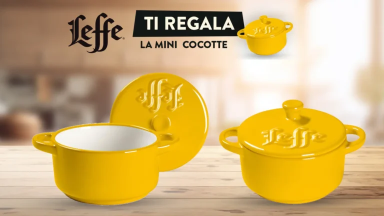 Mini Cocotte gialla Leffe in gres con coperchio logato, omaggio dell’iniziativa promozionale