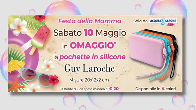Pochette Guy Laroche in silicone omaggio da Acqua e Sapone per la Festa della Mamma 2025