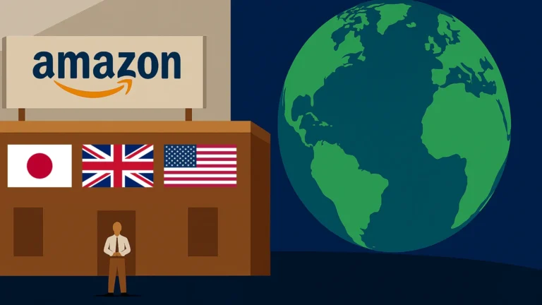 Illustrazione Amazon extra-UE con bandiere di Giappone, Regno Unito e Stati Uniti
