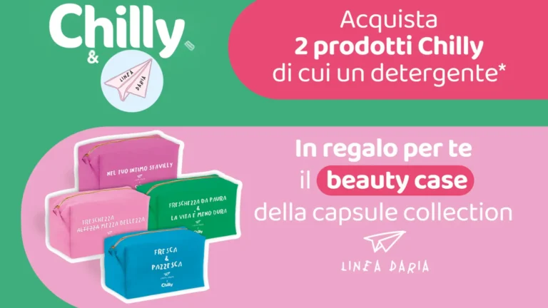 Quattro beauty case colorati della Capsule Collection Chilly & Linea Daria in omaggio con l’acquisto di 2 prodotti Chilly, di cui uno detergente.