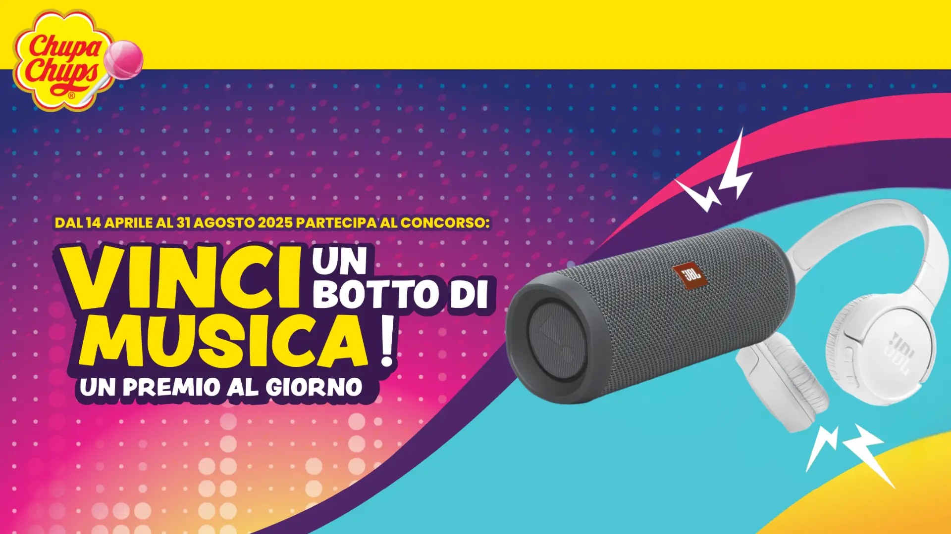 Concorso Chupa Chups "Vinci un botto di musica": in palio cuffie e casse JBL ogni giorno 1 Concorso Chupa Chups Vinci un botto di musica – premi JBL in palio ogni giorno
