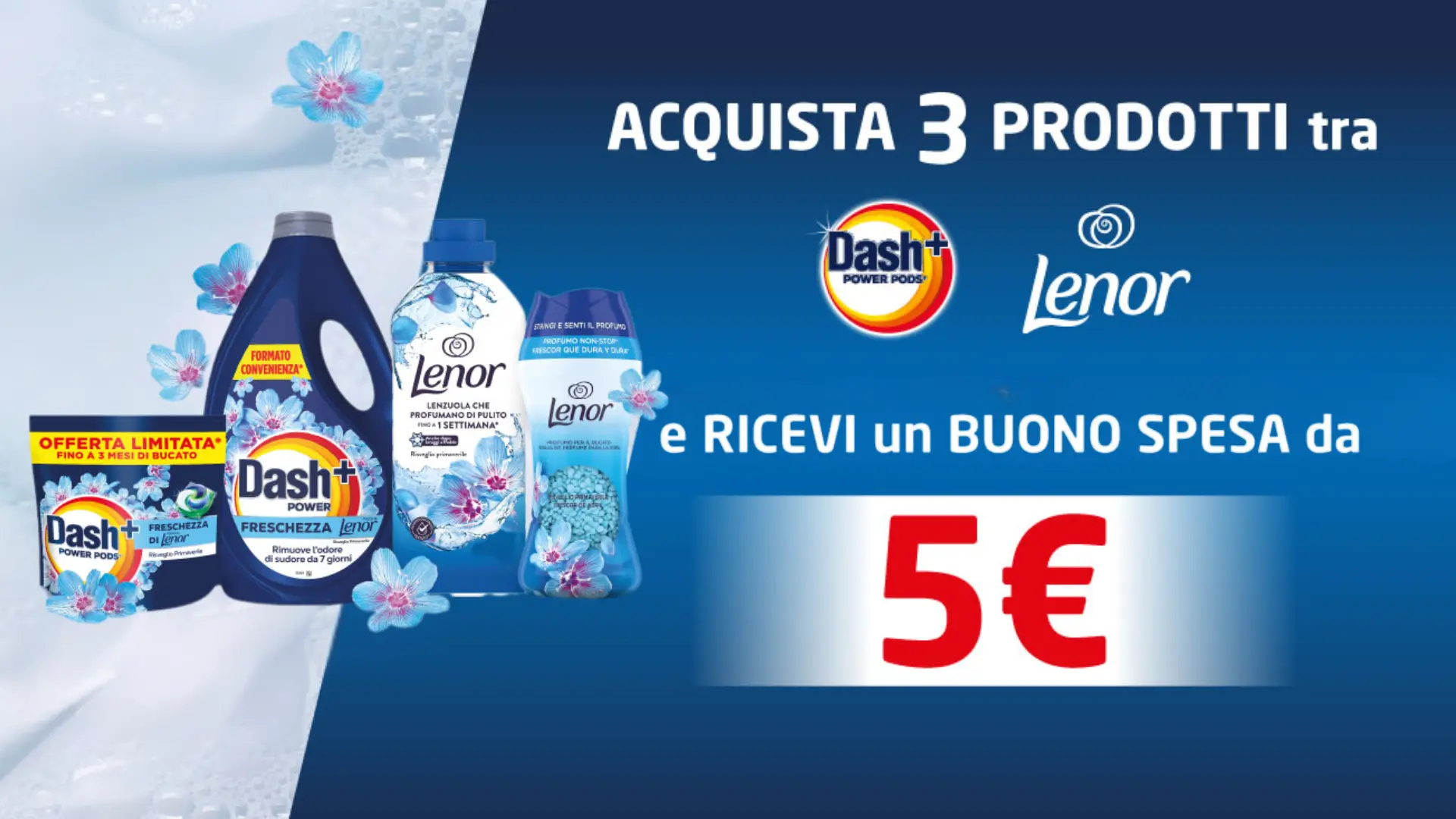 Premio Dash e Lenor: ricevi un buono spesa da 5€ 1 Immagine promozionale Dash e Lenor con buono spesa da 5 euro