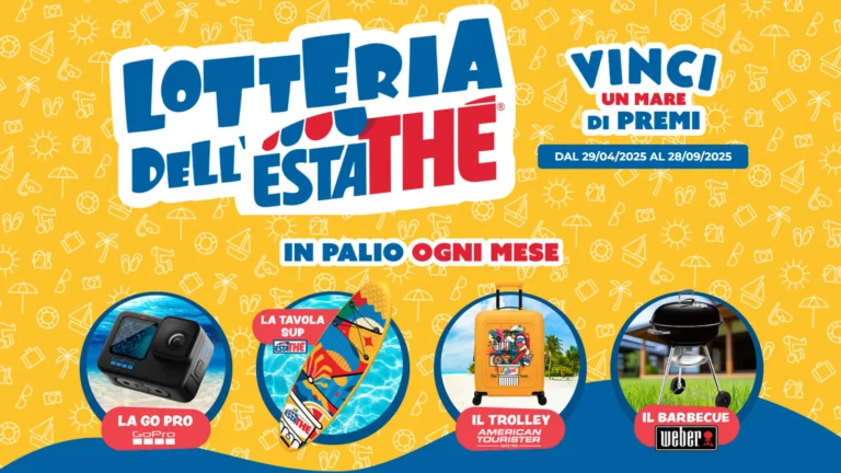 Banner concorso Estathé 2025 con premi mensili: GoPro, tavola SUP, trolley e barbecue Weber