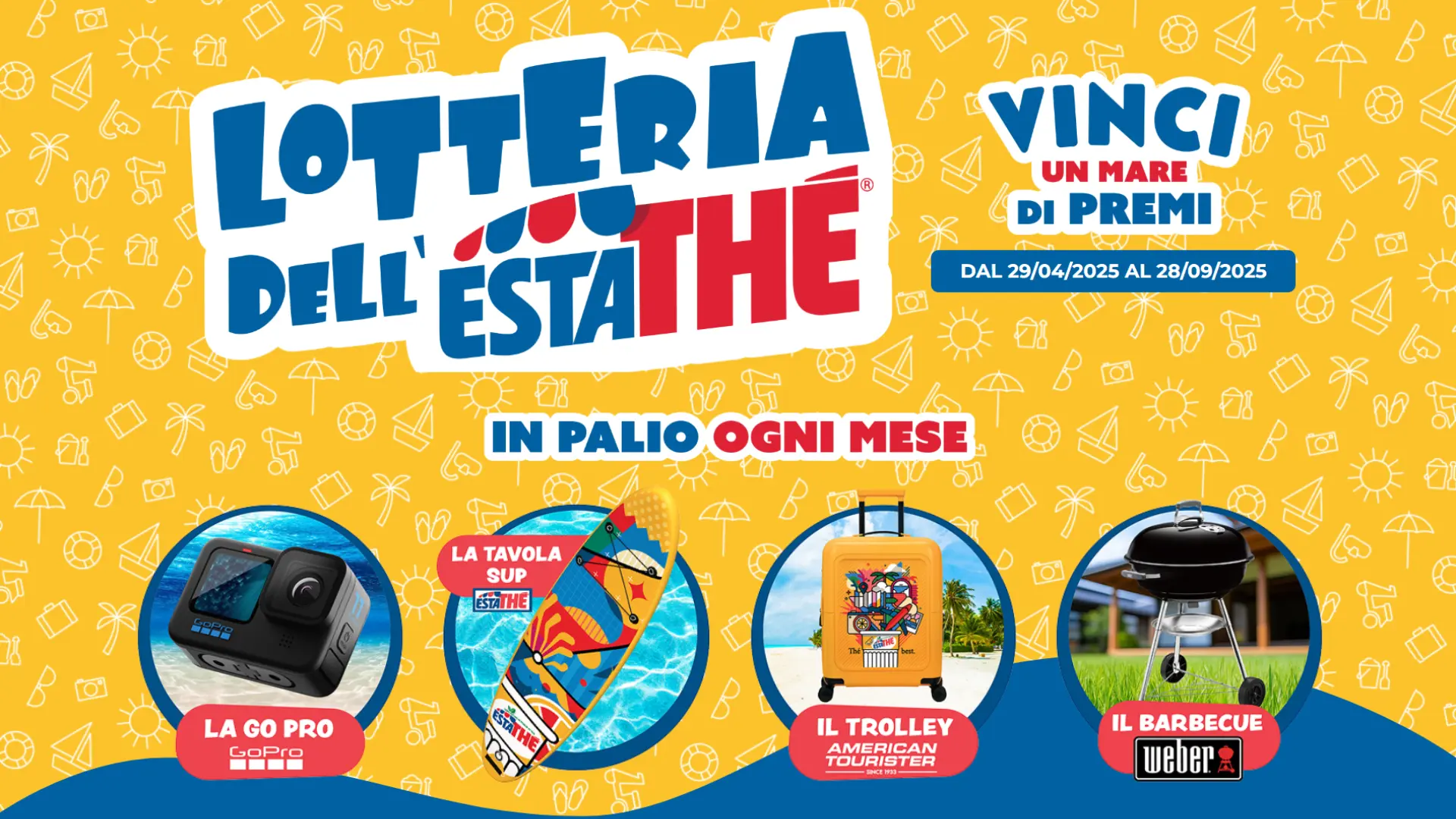 Lotteria dell'Estathé 2025: vinci GoPro, SUP, barbecue e set di piatti pizza 1 Banner concorso Estathé 2025 con premi mensili: GoPro, tavola SUP, trolley e barbecue Weber