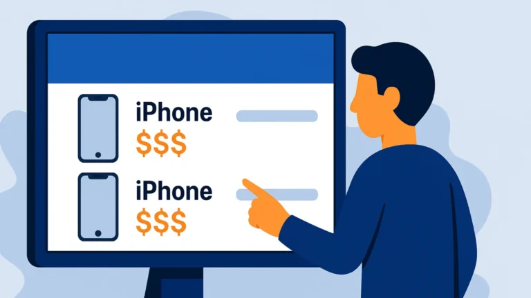 Illustrazione con utente che confronta due iPhone ricondizionati su un monitor