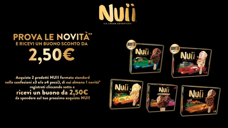 Immagine promozionale Nuii 2025 con novità e offerta buono sconto da 2,50€
