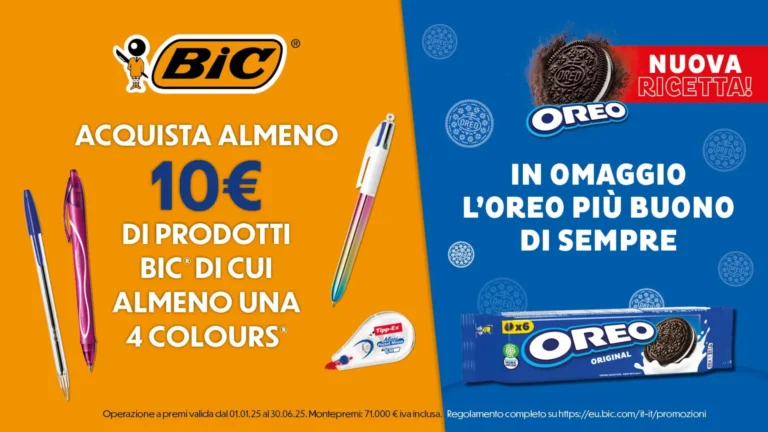 Acquista almeno 10€ di prodotti BIC con una penna 4 Colours e ricevi in omaggio una confezione di biscotti Oreo