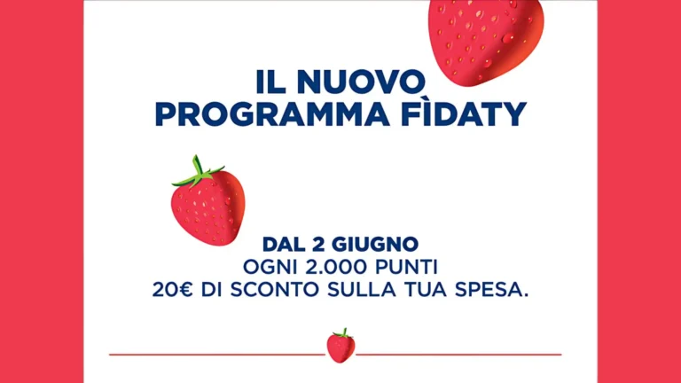 Grafica ufficiale del nuovo Programma Fìdaty Esselunga 2025 con fragole e messaggio promozionale: ogni 2.000 punti, 20€ di sconto sulla spesa