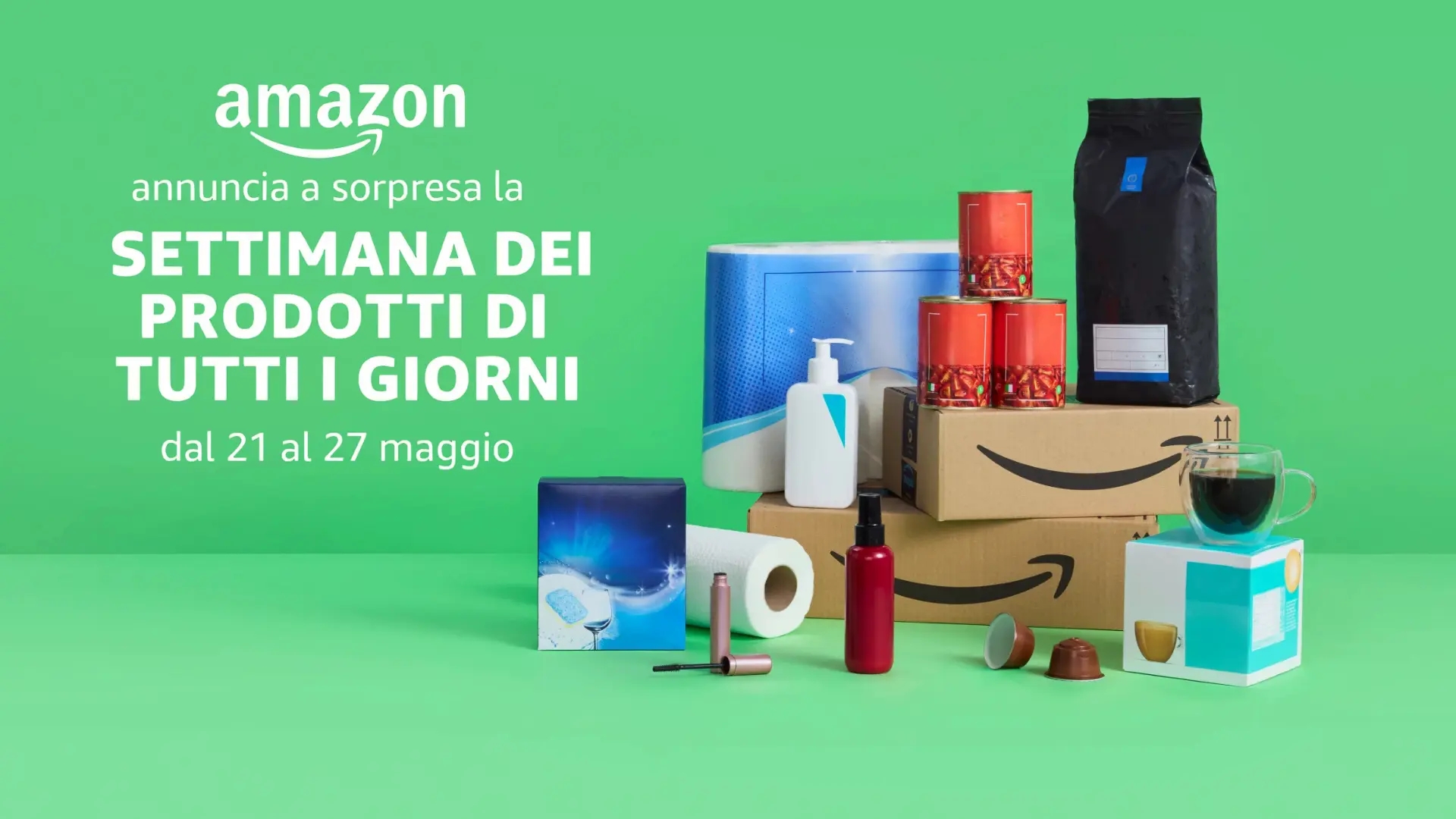 Amazon lancia la "Settimana dei prodotti per tutti i giorni": sconti fino al 35% su migliaia di articoli 1 Immagine promozionale Amazon per la Settimana dei Prodotti di Tutti i Giorni con prodotti per la casa, la cura della persona e il caffè, in offerta dal 21 al 27 maggio 2025