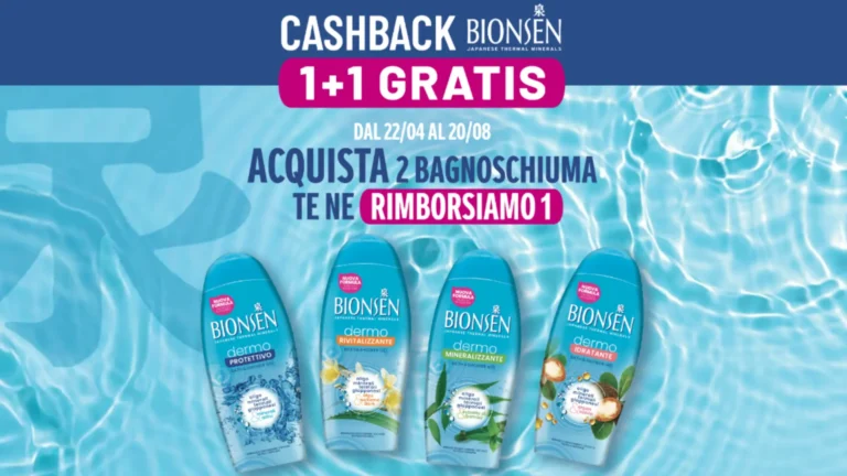 Promozione Bionsen 1+1 gratis: rimborso di un bagnoschiuma acquistando 2 prodotti