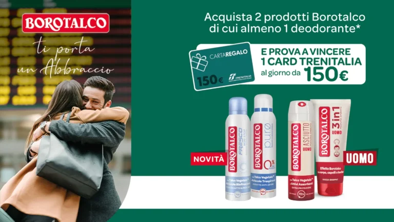 Visual promozionale del concorso Borotalco con premi Trenitalia: acquista 2 prodotti di cui almeno 1 deodorante e prova a vincere una gift card da 150€