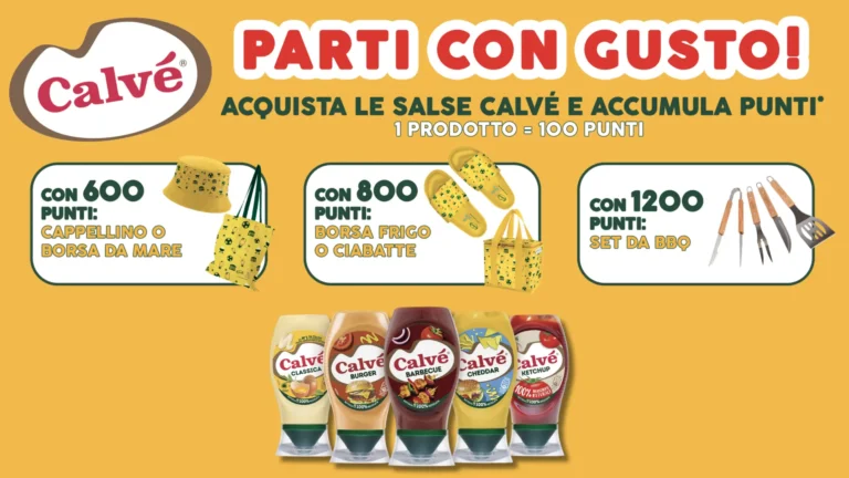 Immagine promozionale raccolta punti Calvé 2025 con premi: cappellino, borsa da mare, ciabatte, borsa frigo e set barbecue