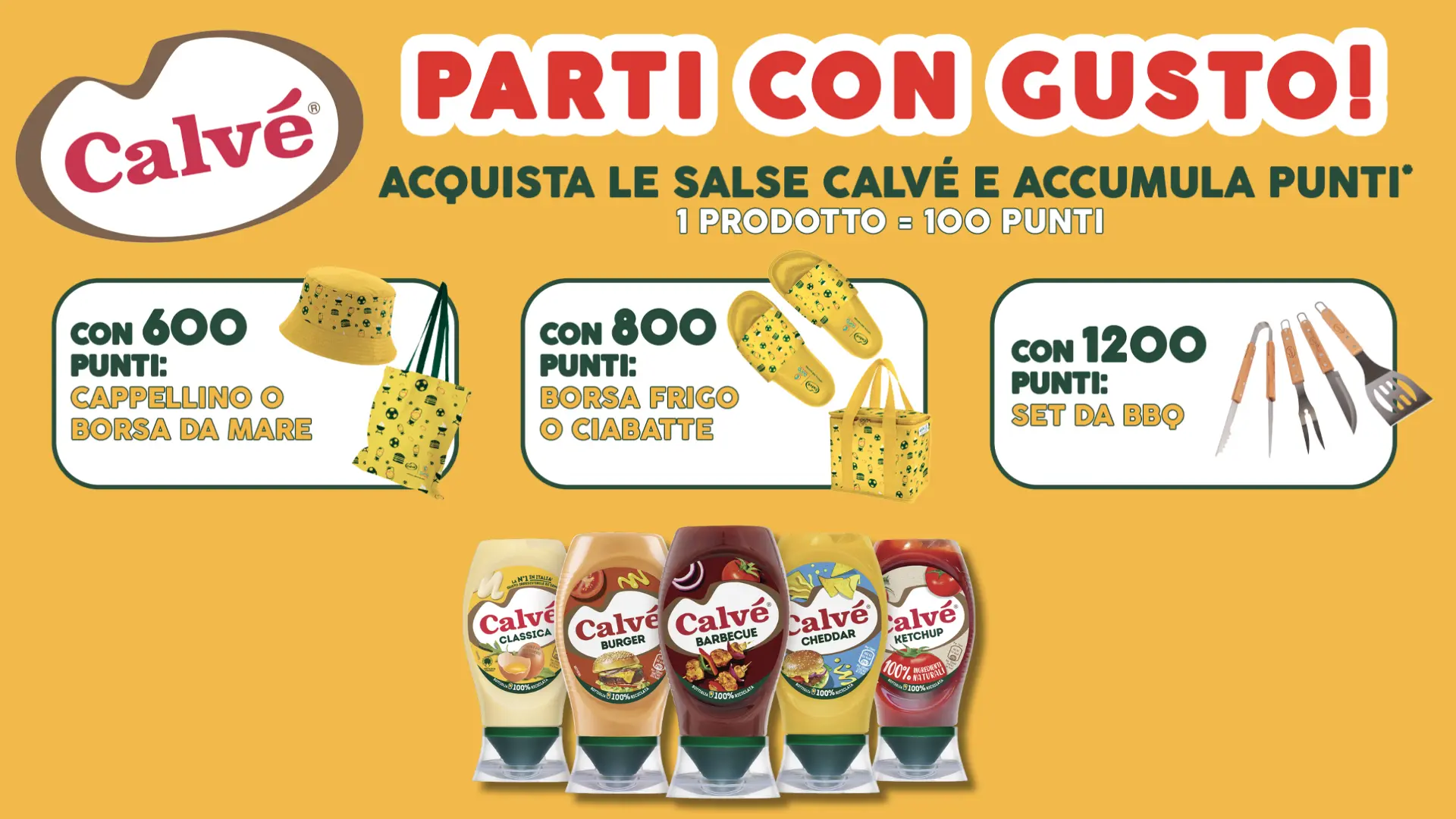 Immagine promozionale raccolta punti Calvé 2025 con premi: cappellino, borsa da mare, ciabatte, borsa frigo e set barbecue