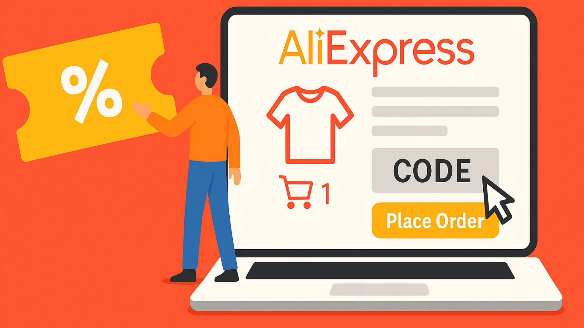 Come inserire coupon e codici sconto su AliExpress 1 Illustrazione in stile AliExpress con personaggio che inserisce un codice sconto nel carrello online