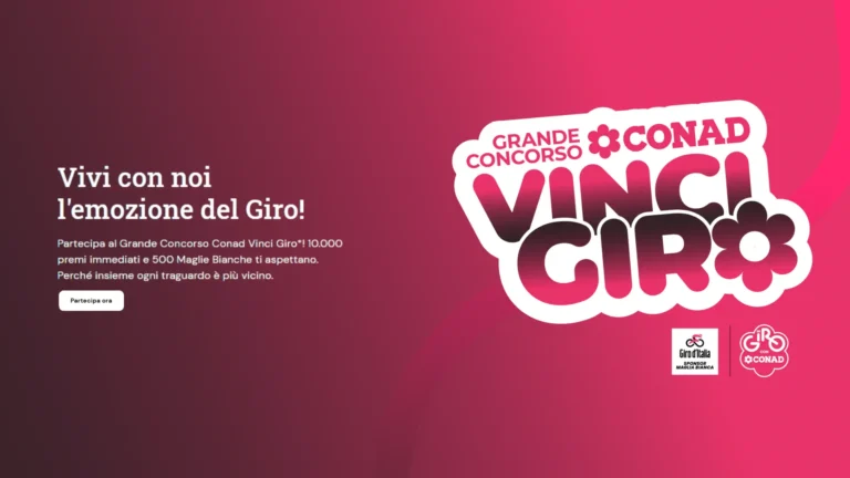 Banner ufficiale del concorso Conad VinciGiro con premi istantanei e maglie del Giro d’Italia in palio