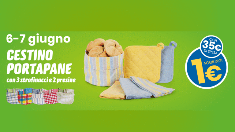 Cestino portapane Eurospin con 3 strofinacci e 2 presine a 1€