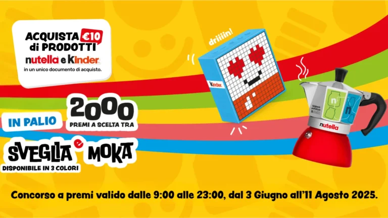 Grafica promozionale del concorso Nutella e Kinder con moka e sveglia in palio