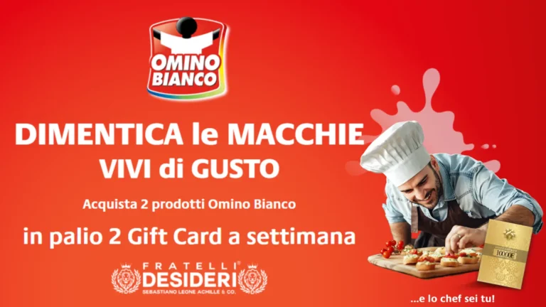 Immagine promozionale del concorso Omino Bianco 2025 con premi Fratelli Desideri