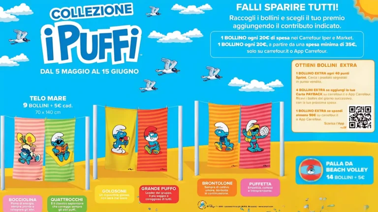 Teli mare e palla I Puffi in promozione Carrefour dal 5 maggio al 15 giugno 2025