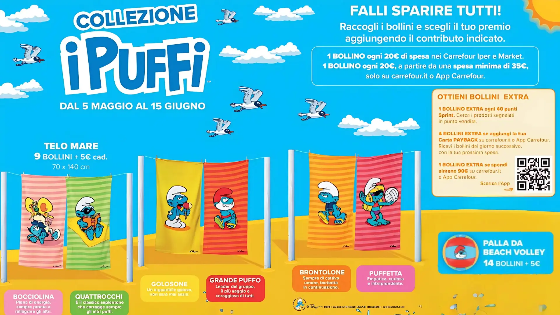 Nuova Raccolta Bollini Carrefour: colleziona palla e teli mare Puffi! 1 Teli mare e palla I Puffi in promozione Carrefour dal 5 maggio al 15 giugno 2025
