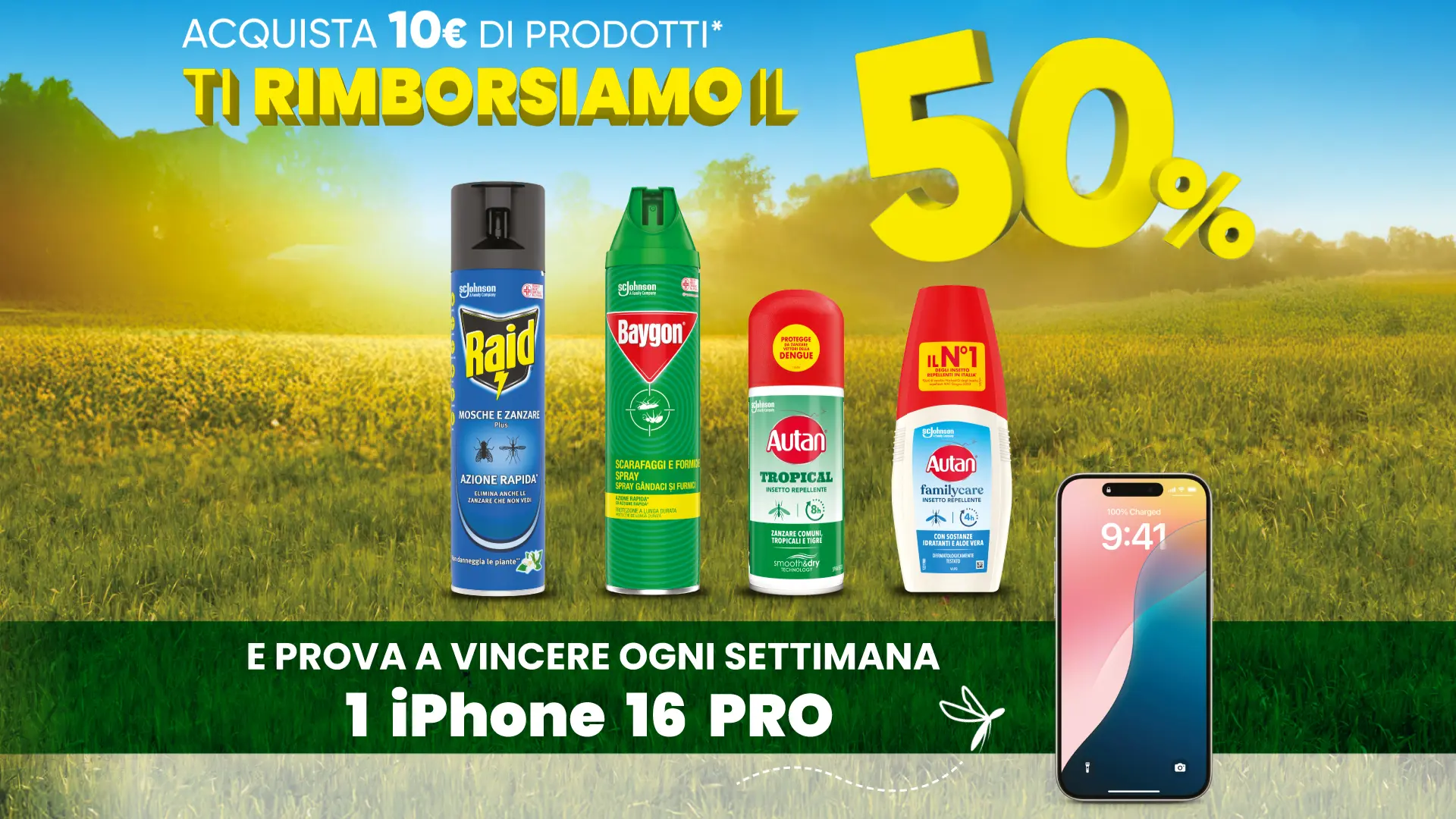 Cashback SC Johnson: ricevi un rimborso e vinci iPhone 16 Pro 1 Immagine promozionale SC Johnson con prodotti Raid, Baygon e Autan e un iPhone 16 Pro in palio