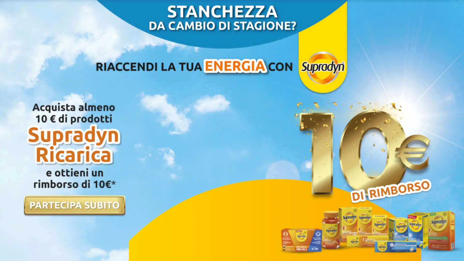 Cashback Supradyn: ottieni 10€ di rimborso sugli integratori 1 Banner promozionale Supradyn con offerta cashback: acquista almeno 10€ di prodotti Supradyn Ricarica e ottieni un rimborso di 10€