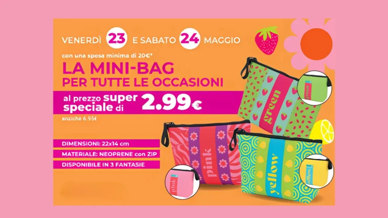 re mini-bag colorate in neoprene disponibili da Tigotà il 23 e 24 maggio con una spesa di 20€