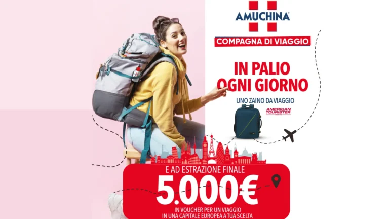 Locandina concorso Amuchina 2025 con zaino in palio e voucher viaggio da 5.000€