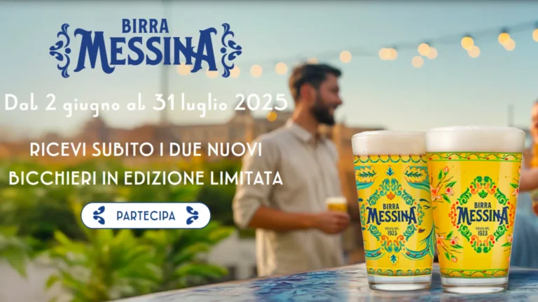 Due bicchieri Birra Messina gialli decorati con motivi siciliani, in regalo con la promozione estiva 2025