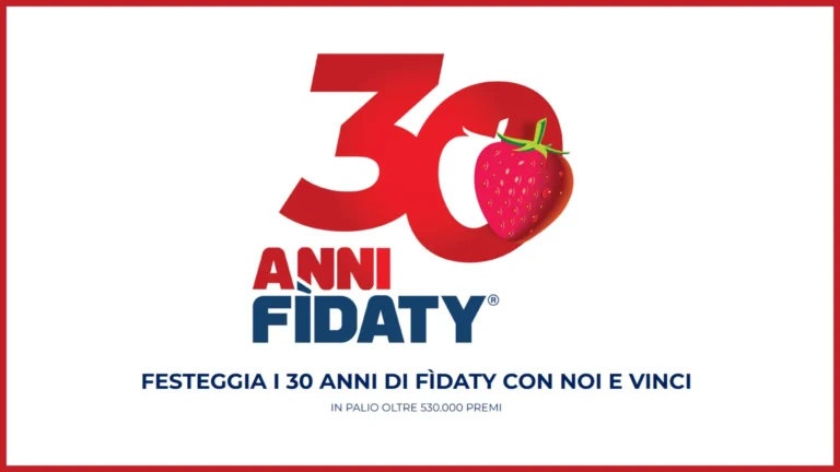 Logo concorso Esselunga 30 anni Fìdaty con fragola e slogan promozionale