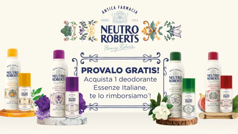 Immagine promo Neutro Roberts: deodoranti Essenze Italiane spray e roll-on con messaggio Provalo gratis
