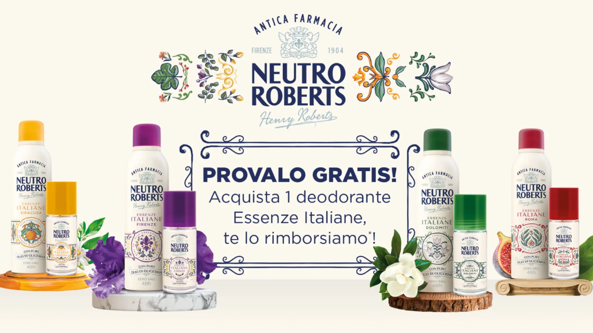 Cashback Neutro Roberts: GRATIS deodoranti Essenze Italiane 1 Immagine promo Neutro Roberts: deodoranti Essenze Italiane spray e roll-on con messaggio Provalo gratis