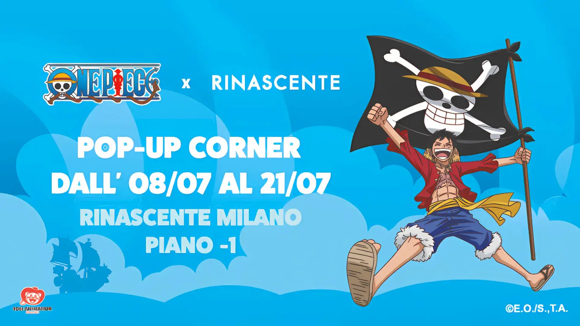 Pop-up Store One Piece 2025: dall’8 luglio alla Rinascente a Milano 1 Luffy salta con bandiera pirata – Pop-up One Piece Rinascente Milano