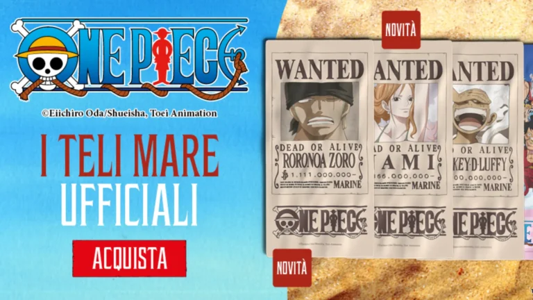 Teli mare One Piece ufficiali con Zoro, Nami e Luffy disponibili online e in edicola