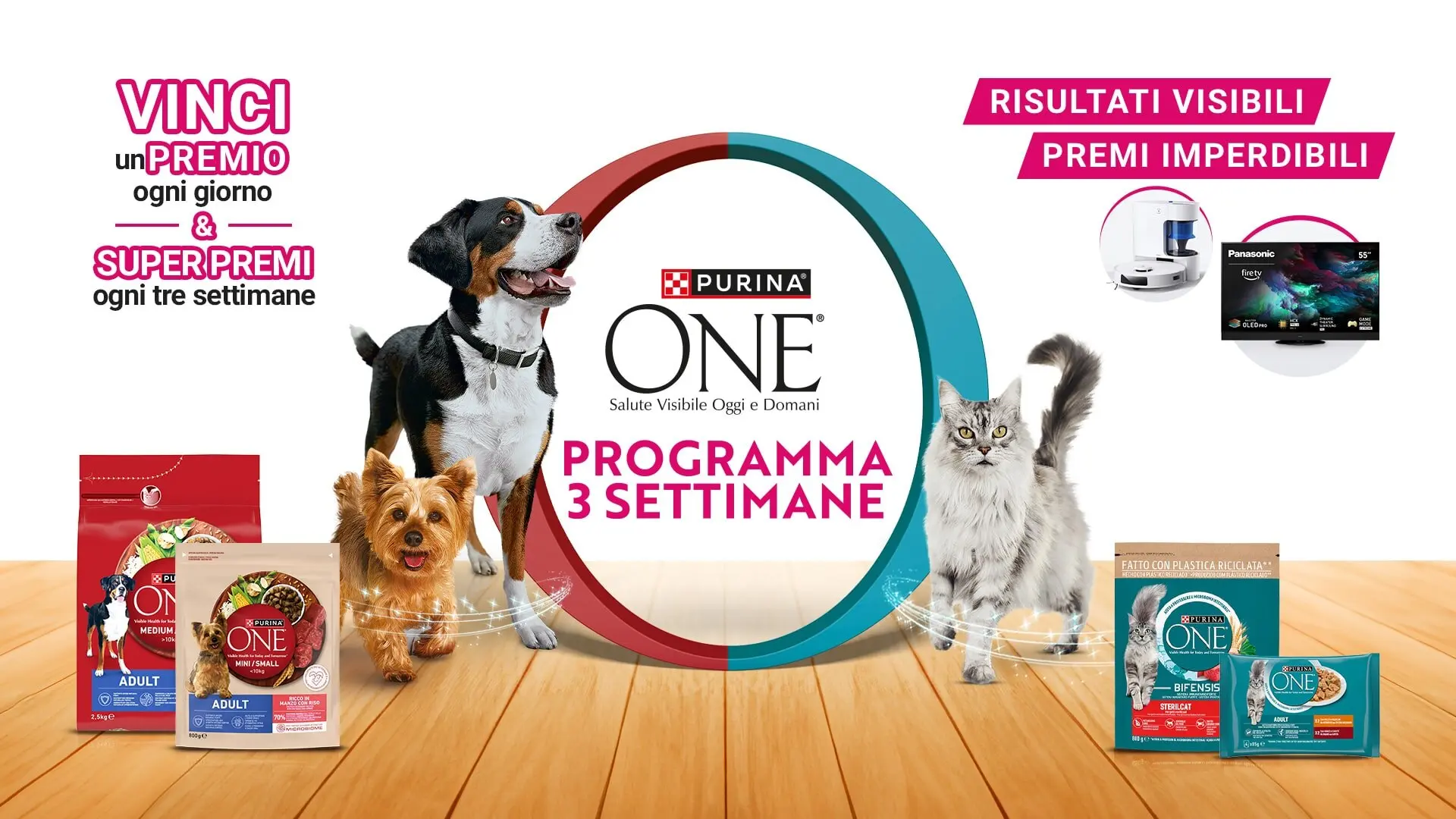 Concorso Purina One: vinci robot Ecovacs e TV Panasonic 1 Immagine del concorso Purina ONE Programma 3 Settimane con premi in palio, robot aspirapolvere, TV 55" e prodotti Purina One per cane e gatto
