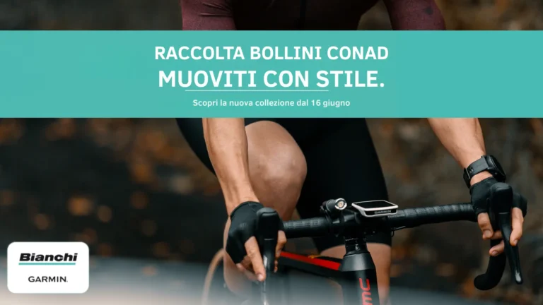 Ciclista su bici Bianchi con smartwatch Garmin – raccolta bollini Conad Muoviti con stile