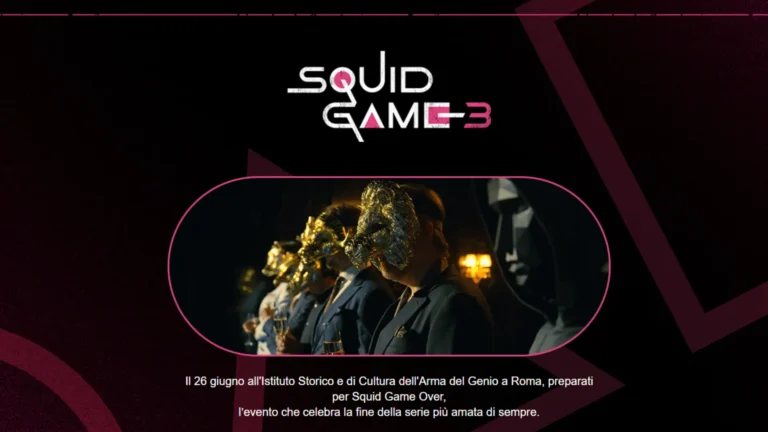 Logo Squid Game 3 e partecipanti con maschere dorate all’evento di Roma