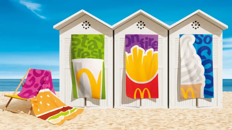 Quattro teli mare McDonald’s 2025 appesi su cabine da spiaggia, con design ispirati a bibita, patatine, gelato e hamburger