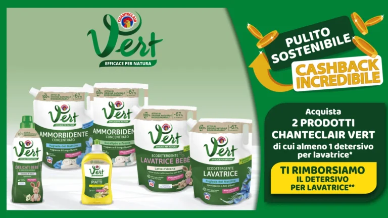 Promozione cashback Chanteclair Vert: acquista 2 prodotti e ricevi il rimborso sul detersivo per lavatrice